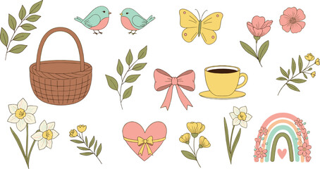 Cute spring floral and cozy lifestyle elements set with birds, flowers, basket, coffee cup, rainbow, bow, and heart in pastel style