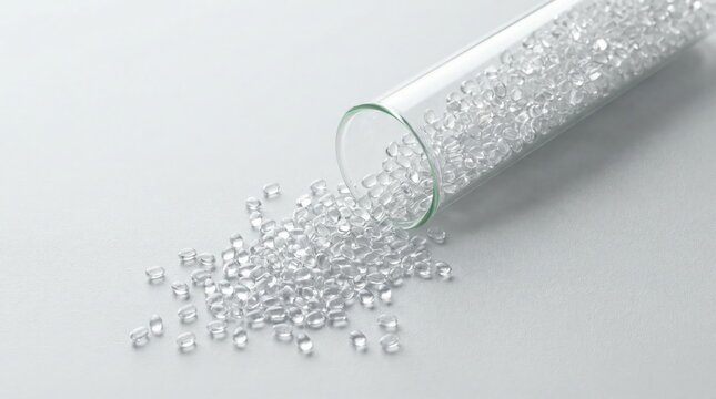 Clear plastic pellets spilling from glass tube on white surface