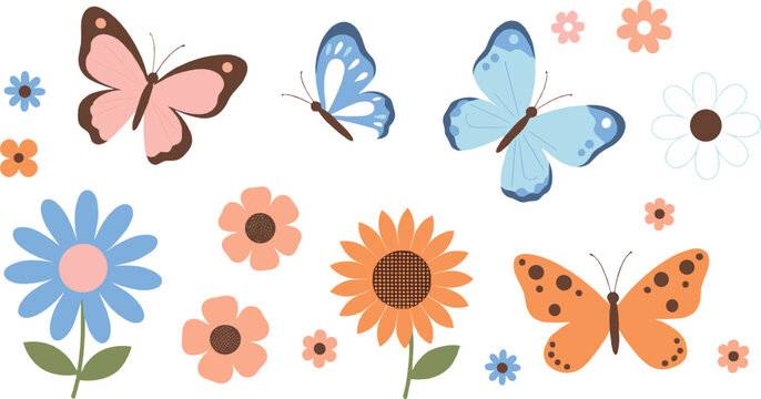 Cute spring butterfly and flower illustration set with colorful floral elements for garden, nature, kids, and decorative seasonal design projects