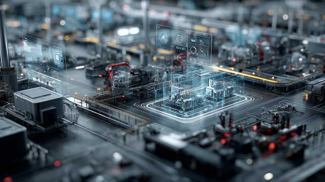 Advanced smart factory powered by physical AI and autonomous machines, futuristic industrial automation with digital twin and data dashboard
