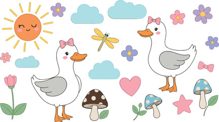 Cute spring goose illustration set with pastel birds, flowers, sun, clouds, mushrooms, hearts, and playful nature elements for kids and nursery designs © MdNazmul