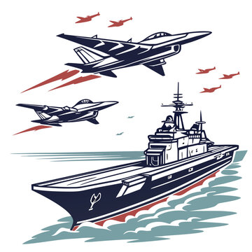 Warship with jet aircraft flying overhead fighter jets