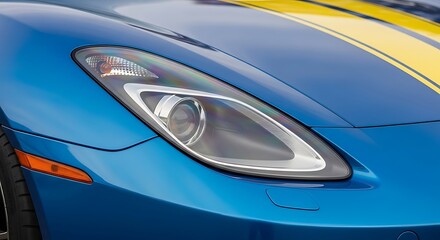 Naklejka premium Close up of blue sports car headlight with yellow stripe on hood
