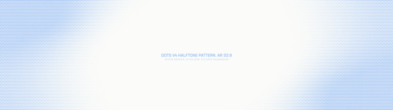 Classic halftone retro style graphic pattern faded smooth blurred angular frame ultra wide 32:9 aspect ratio white blue vector abstraction. Half tone dots panoramic ultrawide translucent design layout