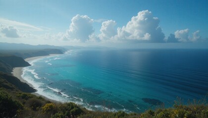 Obraz premium Serene coastal landscape with vibrant blue ocean and fluffy white clouds