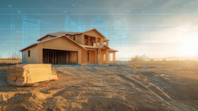 Visualization of a new residential home framing construction site overlaid with digital blueprint schematics at sunset symbolizing future building technology integration.