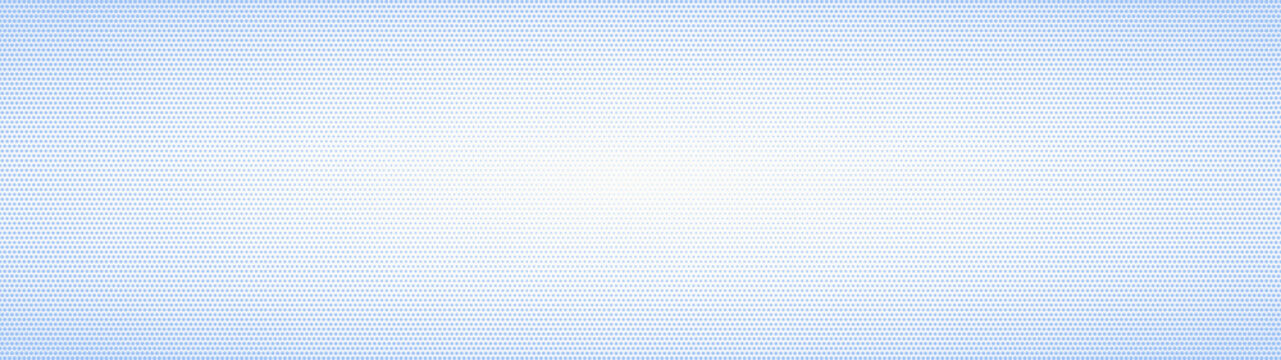 Classic halftone retro styled graphic pattern faded elliptical gradient ultra wide 32:9 aspect ratio white blue vector abstract background. Half tone dots panoramic ultrawide translucent light texture