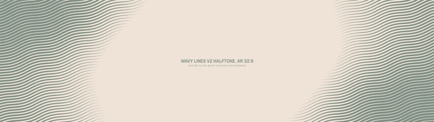 Diagonal wavy lines halftone pattern smooth radial frame ultra wide 32:9 aspect ratio vintage green vector abstract backdrop. Striped tilted structure half tone ultrawide guilloche styled abstraction