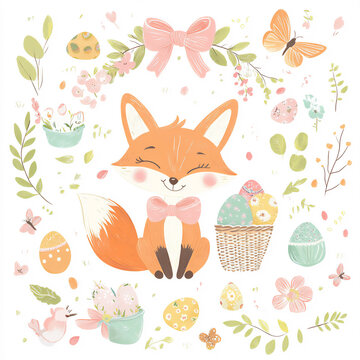 easter background with fox and eggs