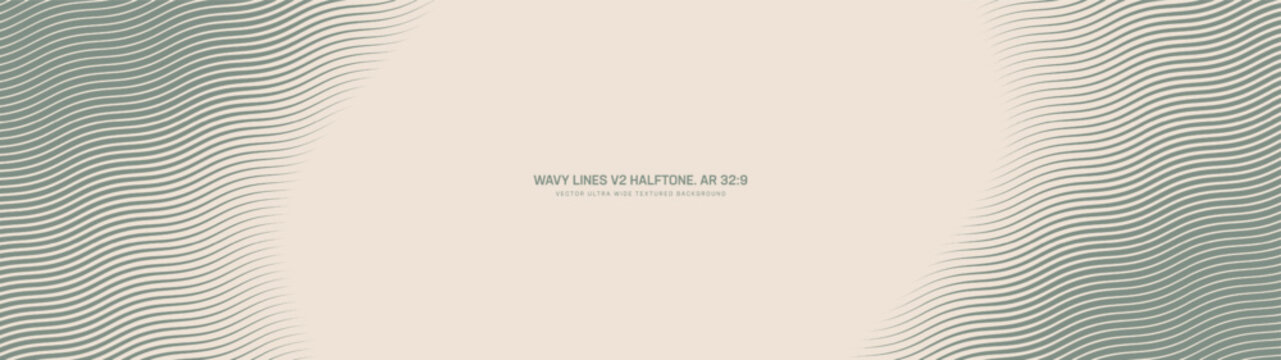 Diagonal wavy lines halftone pattern smooth radial frame ultra wide 32:9 aspect ratio vintage green vector abstract backdrop. Striped tilted structure half tone ultrawide guilloche styled abstraction