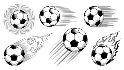 Professional monochrome sports graphics of soccer balls in motion designed for athletic logos and youth football team branding