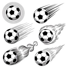 Six stylized football illustrations featuring speed effects and radiating bursts in a clean monochrome line art graphic design.