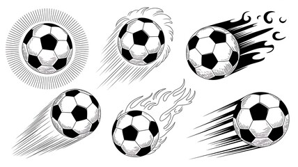 A collection of dynamic black and white soccer ball sketches with various motion lines isolated on a white background