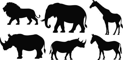 African wildlife animal silhouettes collection, lion elephant giraffe rhino and zebra shapes, black safari mammal illustration set © Hey World