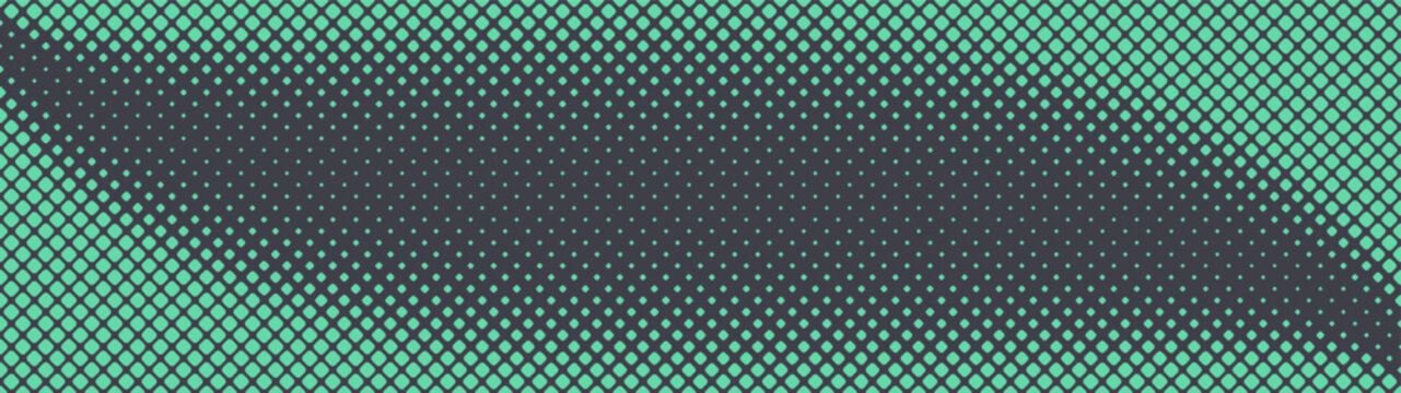 Square rounded dots turquoise halftone pattern overlay texture ultra wide 32:9 aspect ratio vector abstract background. Half tone graphical panoramic ultrawide format futuristic cyberpunk abstraction