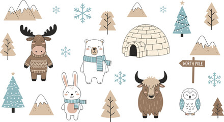 Cute winter arctic animal illustration set with moose, polar bear, rabbit, yak, owl, igloo, trees, and snowy forest elements for kids designs © MdNazmul