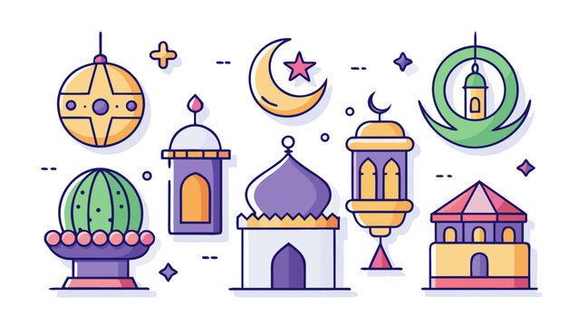 Ramadan Kareem Icons Set. Traditional Islamic and Arabic elements including Mosque, Fanoos Lantern, Crescent Moon, and Star. Flat Mbe Line Vector Illustration.