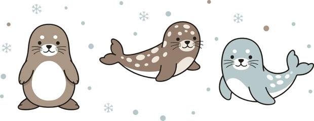 Cute winter seal characters illustration set with playful arctic animals, snowflakes, and soft pastel style for kids, nursery, and cozy seasonal designs © MdNazmul