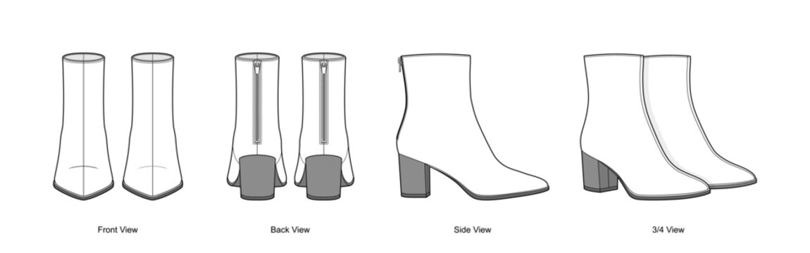 Classic Block Heel Ankle Boots Technical Fashion Illustration. Round Toe Mid-Heel Booties with Multi-View CAD Vector Template.