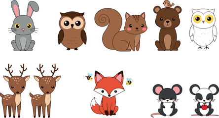 Fototapeta premium Cute woodland animal characters illustration set with rabbit, owl, squirrel, bear, deer, fox, mouse, and forest wildlife for children designs