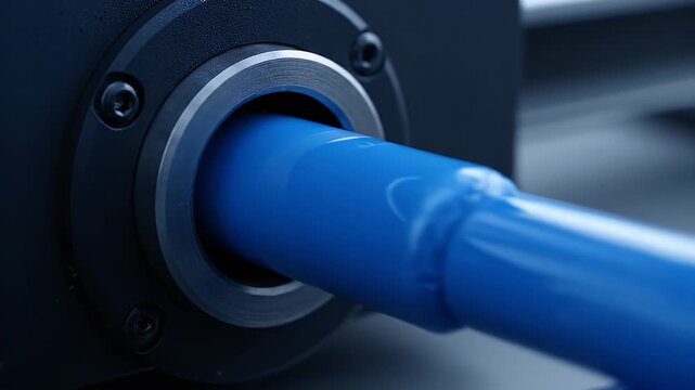 Blue Rod Being Inserted Through Black Metallic Circular Machine for Industrial Purposes