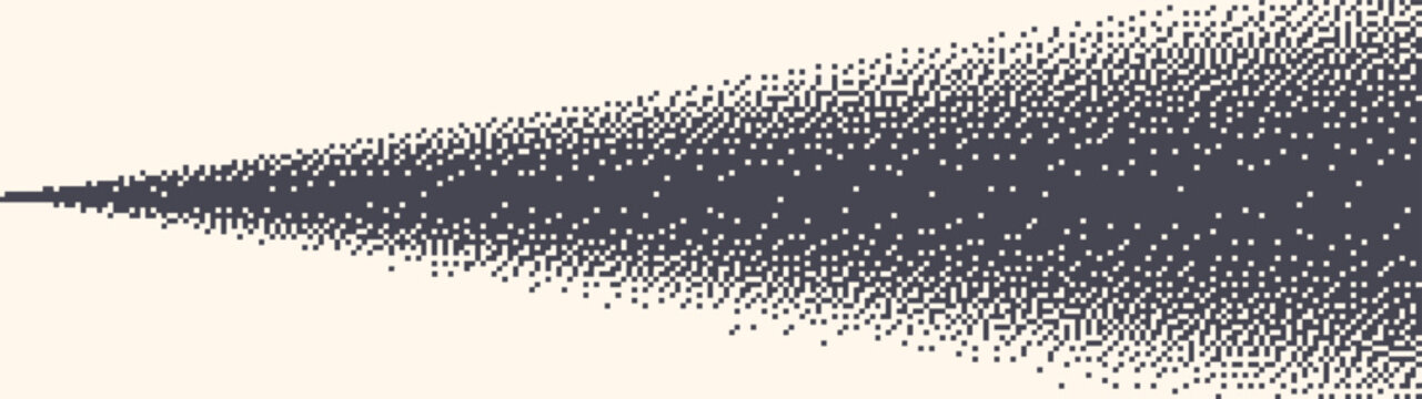 Retro styled 8 bit pixel art graphic halftone pattern spray effect border ultra wide 32:9 aspect ratio vintage vector abstract background. Pixelated grain 8bit style panoramic format design element