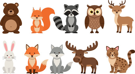 Fototapeta premium Cute woodland animal illustration set with bear, fox, raccoon, owl, deer, rabbit, wolf, moose, and wild forest characters for kids designs