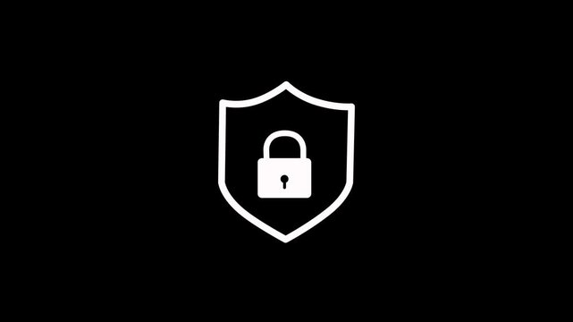 Animated security shield icon animation with locked padlock on black background. 4K animated perfect for motion graphics, security, business, and overlays