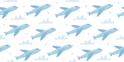 Seamless vector pattern featuring airplanes in modern flat style on a light background.  Travel and Business Aviation Background