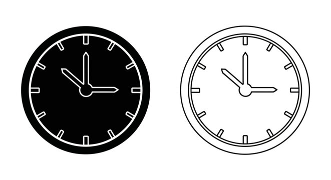 Two clocks with different colors and styles, one black and one white, showing the same time. Vector