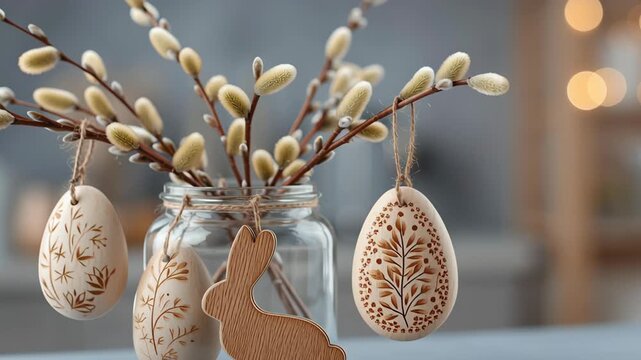 Easter festival eco friendly decoration with painted egg ornament, wooden rabbit, willow branch in glass vase jar, pussy willow catkin still life for spring home table rustic interior warm bokeh light