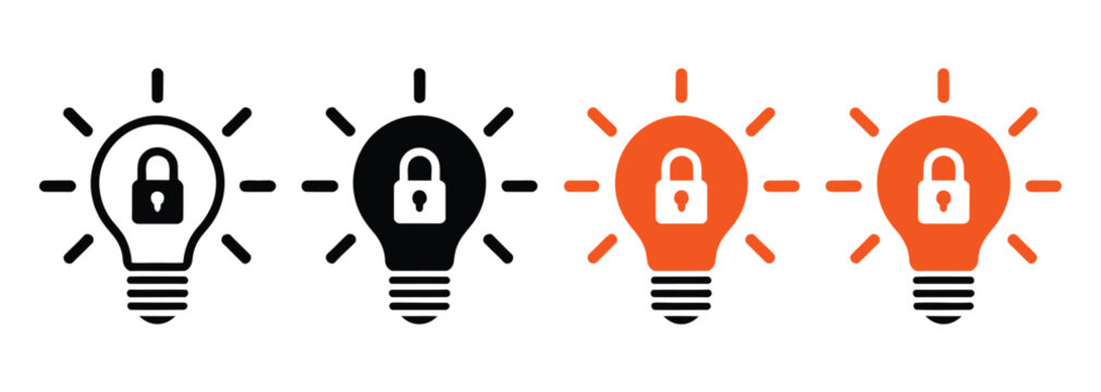 Patent and intellectual property icon logo set, vector illustrations representing legal protection, copyright, trademarks, invention rights, business innovation, technology branding, and professional 