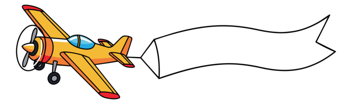 Cartoon hand drawn illustration of an airplane depicting pulling a blank banner for promotional message