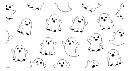 Cute hand drawn line art ghost characters set featuring various charming expressions for Halloween celebration