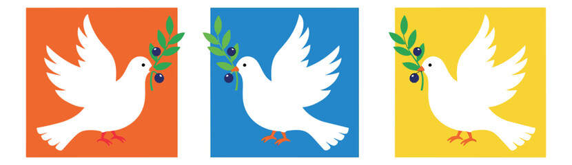 Fototapeta premium Modern graphic peace doves icons set featuring white birds holding olive branches for peace and hope themes