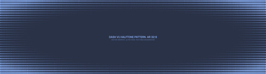 Dash grid halftone pattern oval vignette frame ultra wide 32:9 aspect ratio deep blue vector conceptual abstract background. Dashed structure half tone ultrawide format futuristic style design element