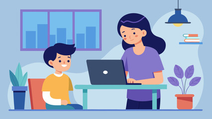 Illustration of a woman assisting a boy with a laptop at a table, indoor setting with plants and a window showing graphs in the background