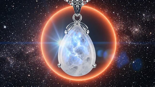 Moonstone Pendant Pulses with Inner Light in Cosmic Setting
