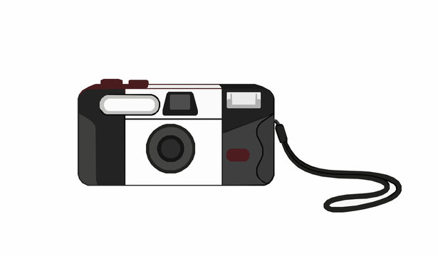 Simple Disposable Film Camera Top View Vector Illustration with Red Shutter Button Flash and Strap Isolated on White