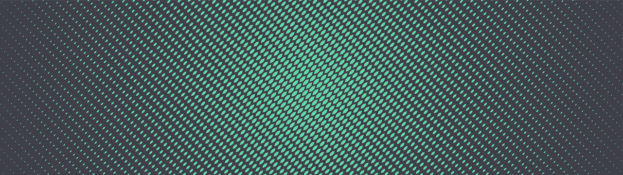 Tilted scaly grid halftone pattern radial structure ultra wide 32:9 aspect ratio vector mint green abstract background. Half tone graphics ultrawide format retro futuristic cyberpunk style abstraction