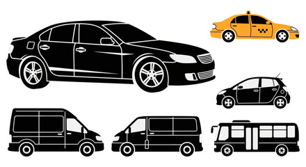 Automotive transportation vector illustration set sedan hatchback taxi bus and van