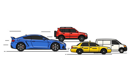 Cartoon cars driving on white background illustration for transportation concepts