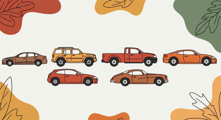 Collection of assorted cars in warm autumn tones against abstract leaves