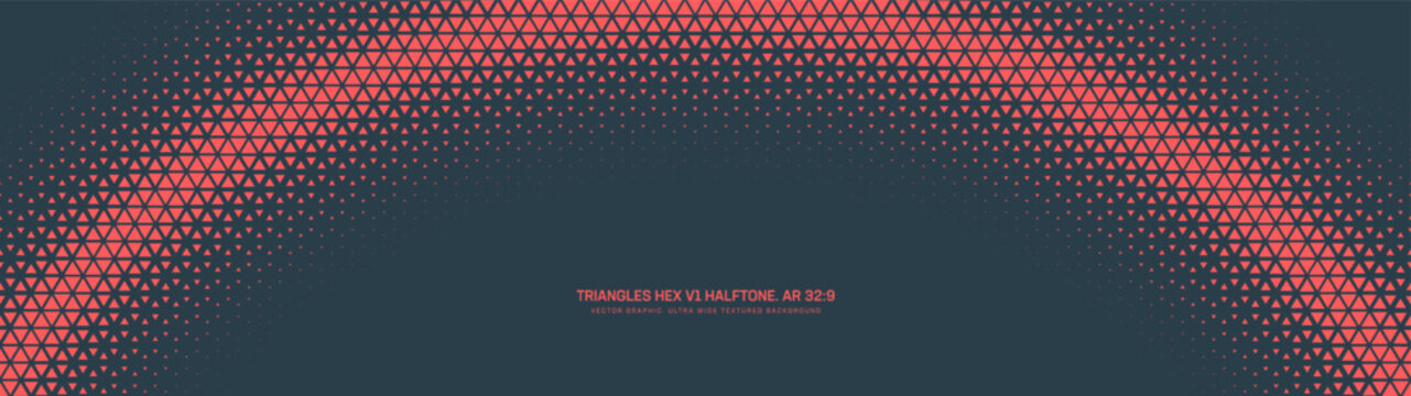 Triangles hexagonal grid halftone pattern semi circle border ultra wide 32:9 aspect ratio red black vector abstract background. Half tone graphic panoramic format hi-tech conceptual design element