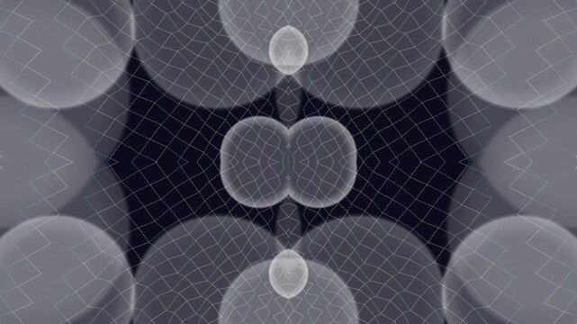 Abstract geometric pattern of interconnected spheres and wireframes on a dark background, creating a mesmerizing and symmetrical design