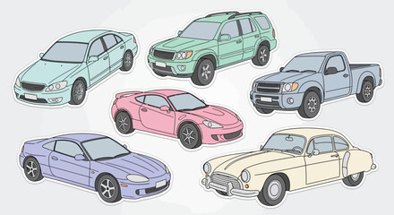 Collection of colorful car illustrations on white background for design elements
