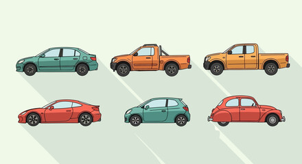 Collection of colorful car illustrations showing various vehicle types