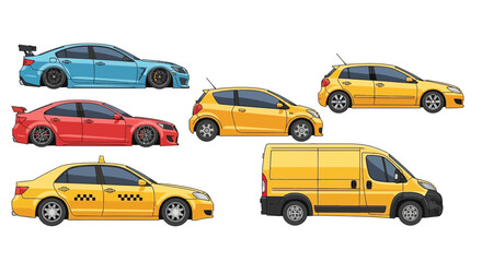 Collection of colorful cars in side view isolated on white background
