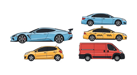 Collection of colorful car illustrations on white background for transportation