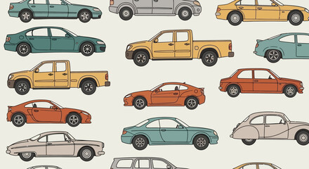 Collection of colorful cars in various styles on a creamy background